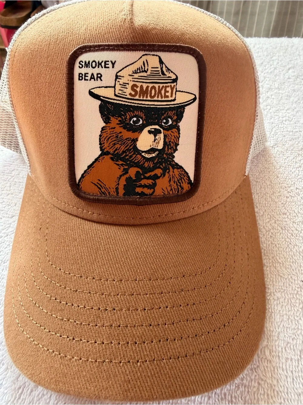 Smokey Bear Official Trucker Hat Tan Mesh Snapback NWT
